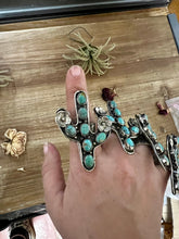 Load image into Gallery viewer, Blue Turquoise Cactus Ring with flower - Adjustable - Brass silver
