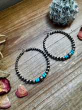 Load image into Gallery viewer, Big Sterling Silver Pearls Hoops with turquoise
