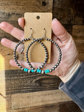 Load image into Gallery viewer, Big Sterling Silver Pearls Hoops with turquoise
